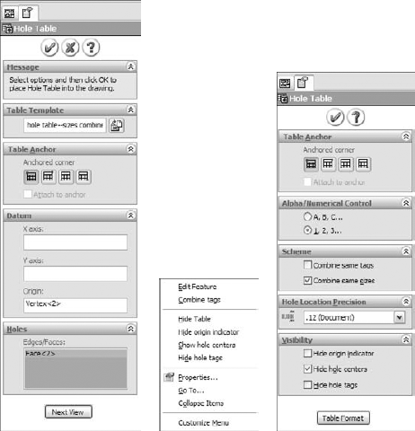 The PropertyManager for the Hole Table