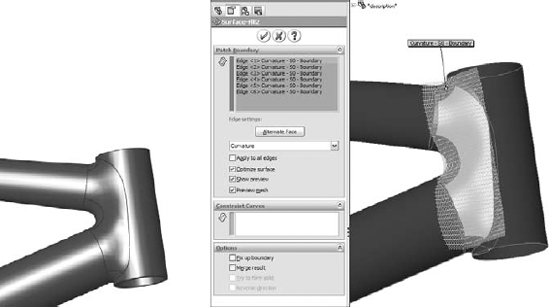 The Fill Surface PropertyManager and the results of applying it