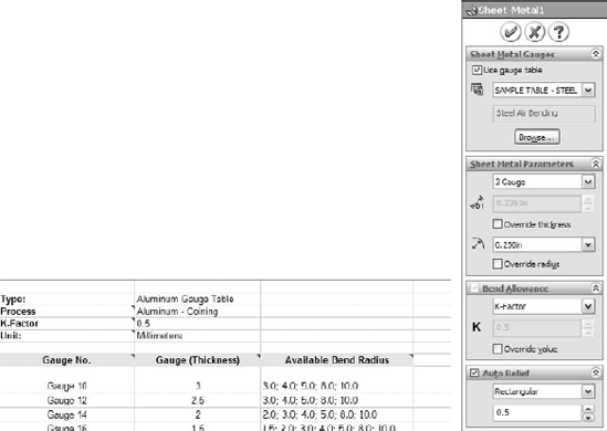 A sample Gauge Table and Sheet Metal PropertyManager