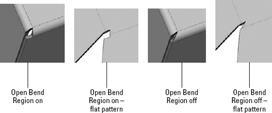 The Open Bend Region option, both on and off, and the resulting flat patterns