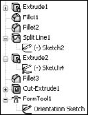 The FeatureManager of a forming tool part