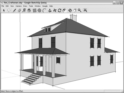 Google’s SketchUp is a gem of an application that combines powerful 3D architectural sketching capability with smooth interaction, rich feedback, and a manageable set of design tools. Users can set sky color and real-world shadows according to location, orientation, and time of day and year. These not only help in presentation but also help orient users. Users also can lay down 3D grid and measurement guides just as in a 2D sketching application. Camera rotate and zoom functions are cleverly mapped to the mouse scroll wheel, allowing fluid access while using other tools. ToolTips provide textual hints that assist in drawing lines and aligning objects.