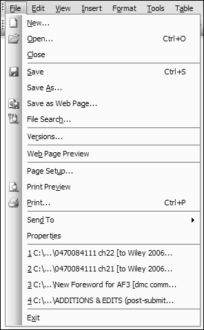 The File menu from Microsoft Word shows off the excellent Most Recently Used (MRU) list. In Chapter 17, you saw how to reconstruct the first six items so that they better reflect the user’s mental model, rather than following the technically faithful implementation model as shown here.