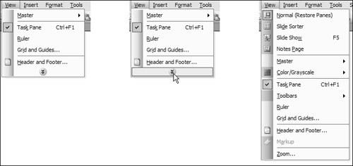 These images show an expanding menu from PowerPoint 2003. On the left is the menu in its default state, showing a subset of commands based upon usage patterns. The middle image shows the hover state, and on the right is the full menu that is displayed after clicking the expand button.