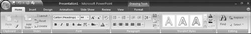 This is the ribbon from Microsoft PowerPoint 2007. This new interface idiom is a combination between a menu system’s hierarchical organization and the more direct and visual presentation of a toolbar.