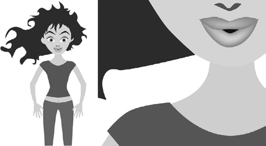 A vector image of a girl at its original size (left) and blown up to a few hundred percent (right) shows no loss in quality. The curves are not stepped or pixilated.