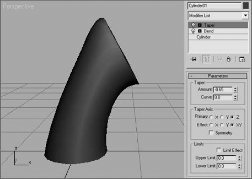 Trying to taper the bent side of the cylinder does not work with the Taper modifier-yet.