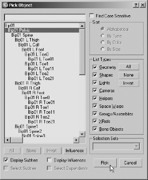 Use the Pick Object dialog box to select the root object in a cluttered scene.