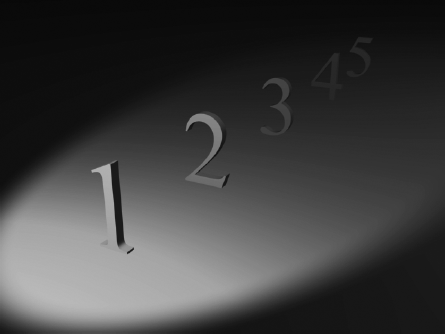 A light with Inverse Square Decay illuminates the first two numbers and begins to lose the remaining three.