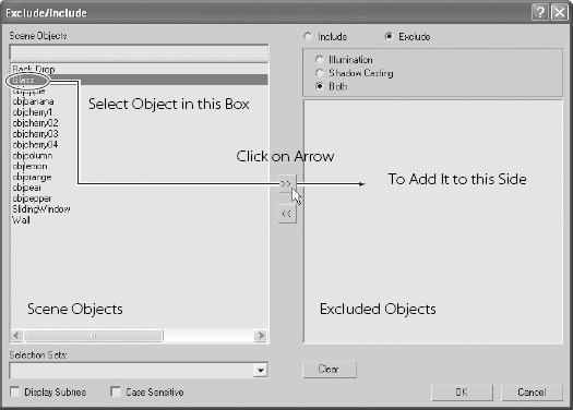 The Exclude/Include window allows you to exclude certain objects from being lit by the light in the scene.