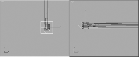 The Top and Right viewports showing the proper placement of the Super Spray particle emitter