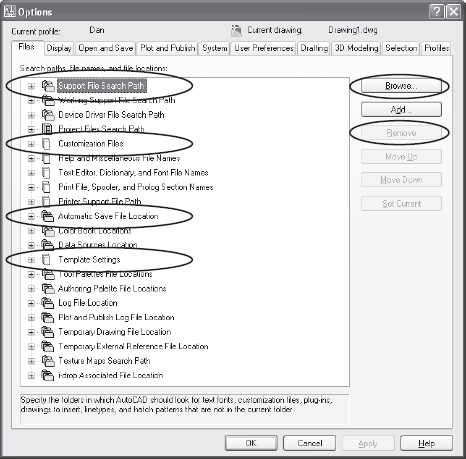 Files tab of the Options dialog box