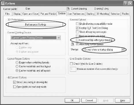 System tab of the Options dialog box