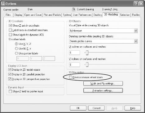 3D Modeling tab of the Options dialog box
