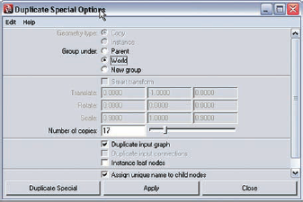 Maya 8 has a new separate options window for Duplicate Special.