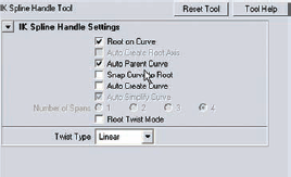 The settings for the IK Spline Handle tool