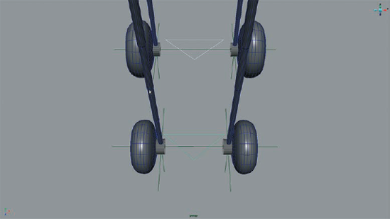 Two NURBS curves shaped as triangles are placed between the wheels. These will become controls for the front and rear sets of wheels.