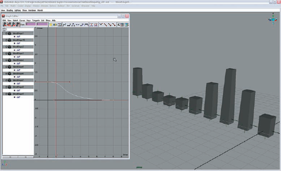 Creative manipulation of the driven keys in the Graph Editor helps shape the wave made by the deformed cubes.