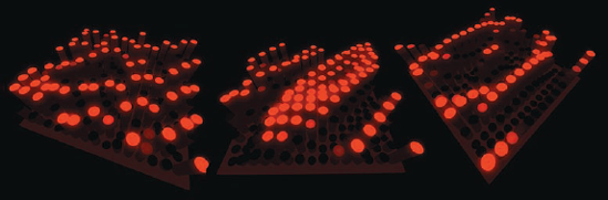 A few stills from an animation using cylinders instead of cubes. The top polygons on each cylinder have been light-linked to a volume light so that they glow brighter as the cylinder grows taller.