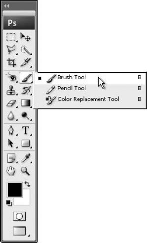 Drag from any tool icon with a triangle to display a pop-up menu of alternate tools.