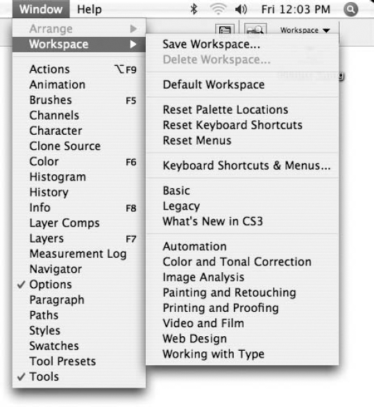Not sure how to group your palettes and arrange your onscreen tools for a particular job? Let Photoshop take a whack at it, and choose one of the built-in workspace presets.