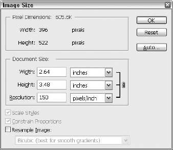 Deselect the Resample Image option to maintain a constant number of pixels in an image and to change only the printed resolution.