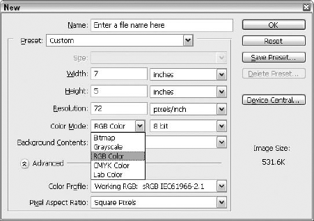 Use the New dialog box to specify the size, resolution, and color mode of your new image. You can even give the file a name at this stage, if you want.