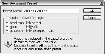 The New Document Preset dialog box lets you name and save custom document presets for future convenient use.