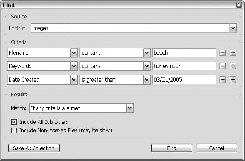 Use the Find dialog box to locate a file based on any of the stored information about the file.