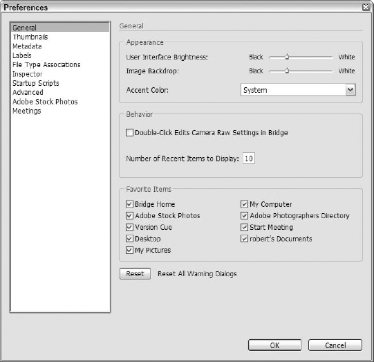 Click General, Metadata, Labels, or any of the other Bridge areas listed on the left to display those preferences options in the main dialog box.