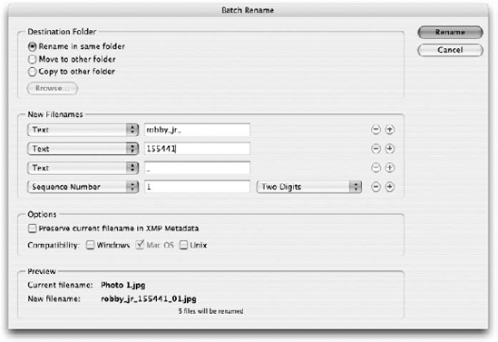 Use the Batch Rename command to rename multiple files in a single operation. You can select naming options from a pop-up menu or type your own name.