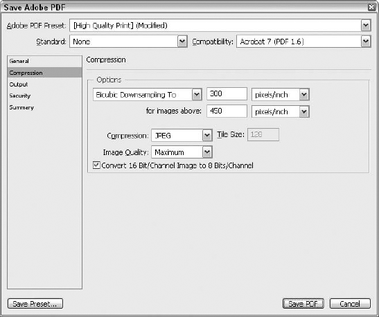 Click any one of the five items listed on the left to display a new set of options. Here, the Compression options are displayed.