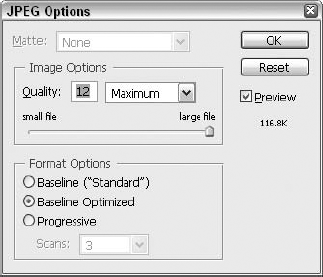 The JPEG Options dialog box provides a total of 13 compression settings, ranging from 0 (heaviest compression) to 12 (best quality).