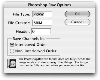 When saving a raw document on a Mac, enter the file type and creator codes and specify the order of data in the file.