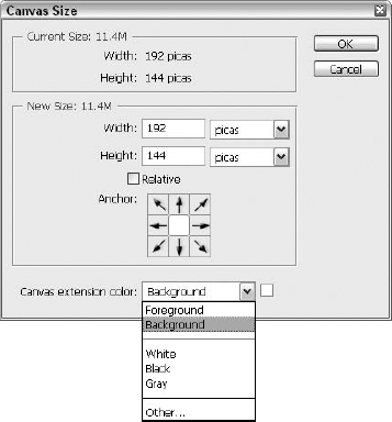 Choose Image Canvas Size to crop an image or to add empty space around the perimeter of an image.