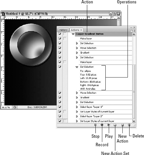 The Actions palette lets you record a sequence of operations and assign a keyboard shortcut.