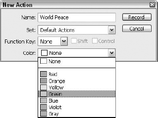 When creating a new action, you can assign a name, shortcut, and color. The shortcut must involve a function key. The color shows up in the Actions palette's button mode.