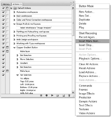 Use the Actions palette menu to insert menu items and stops and to set your playback options.