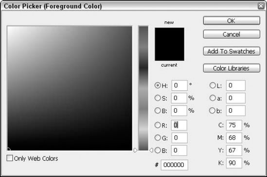 Use the Color Picker dialog box to specify a new foreground or background color from the 16-million-color range.