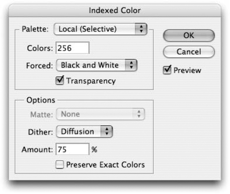 Use the Palette option to select the kinds of colors that remain in the image. Use the Colors option to specify how many colors remain.