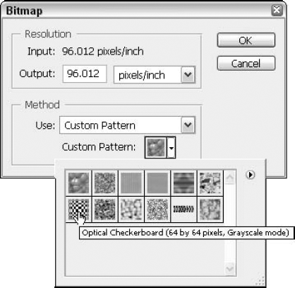 The Bitmap dialog box converts images from grayscale to black and white.