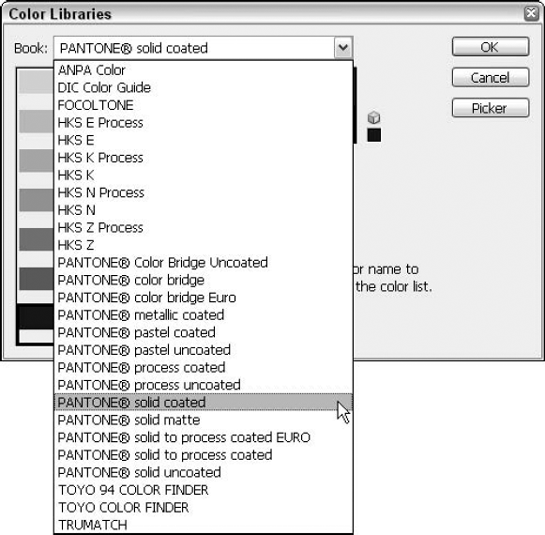 The Color Libraries dialog box enables you to select predefined colors from brand-name libraries such as Pantone, Focoltone, and Trumatch.