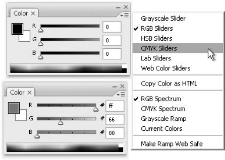 The Color palette as it appears normally (top) and with the Web Color Sliders option selected (bottom)