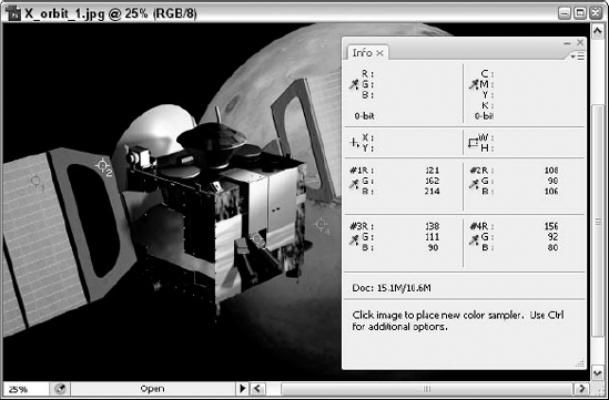 The Color Sampler tool lets you click on and measure the colors of four points in your image. You can also measure a fifth point by merely moving the cursor around, without clicking.