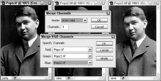 The two dialog boxes that appear after you choose Merge Channels enable you to select a color mode for the merged image (top) and associate images with color channels (bottom).