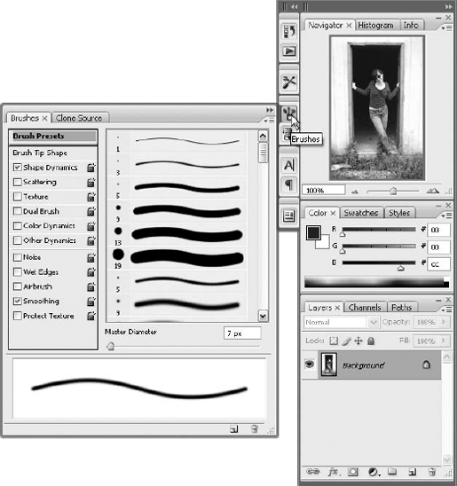 The Brushes palette appears as either a simple list of presets (shown on right side of palette) or with preset options (seen on the left) along with the presets. This combined view is known as Expanded View.