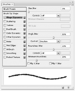 The Shape Dynamics panel, with a drawing made with the displayed brush settings