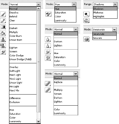 The specific Mode settings in the Options bar vary depending on which tool is active. The Mode pop-up menu changes to Range when using the Dodge or Burn tool.