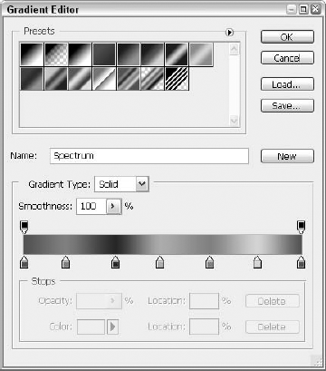 Click the gradient preview in the Options bar to display the Gradient Editor dialog box, which enables you to design custom gradients.