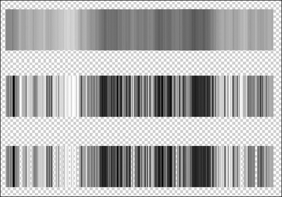 Three Noise gradients — with 50% Roughness (top), 100% Roughness (middle), and finally, 100% Roughness plus Transparency (bottom)